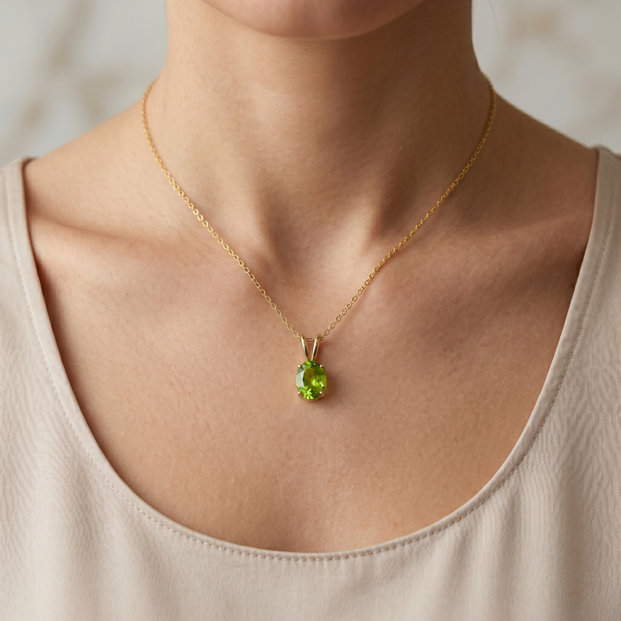 10K Yellow Gold Peridot Pendant Necklace, August Birthstone 8x6mm