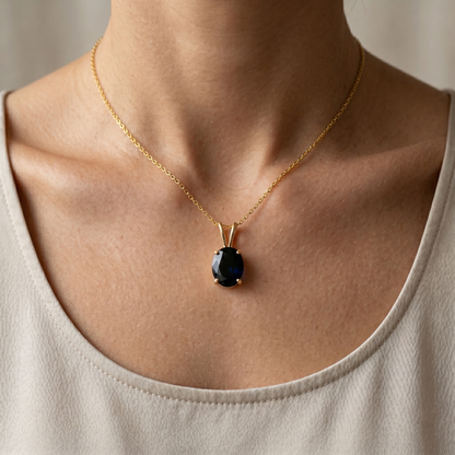 10K Yellow Gold Blue Sapphire Pendant Necklace, September Birthstone 8x6mm