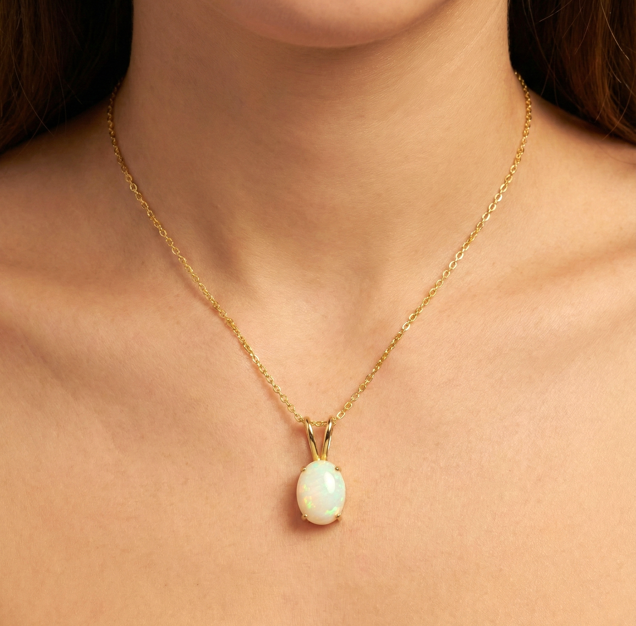 Handmade 10K Yellow Gold Opal Pendant Necklace, October Birthstone 8x6mm