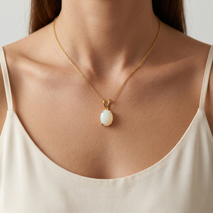 Handmade 10K Yellow Gold Opal Pendant Necklace, October Birthstone 8x6mm