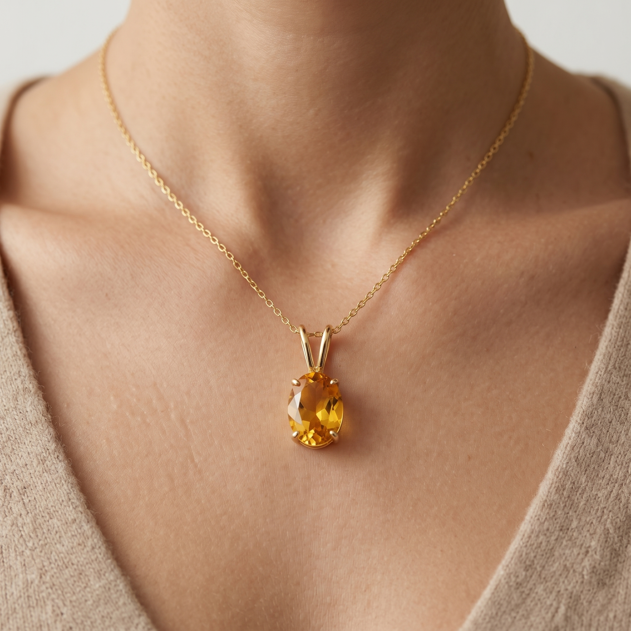10K Yellow Gold Citrine Pendant Necklace, November Birthstone 8x6mm