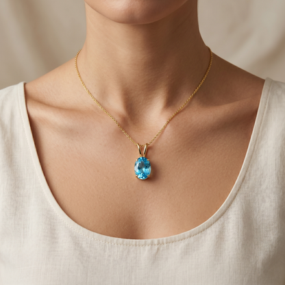 10K Yellow Gold Blue Topaz Pendant, December Birthstone Necklace, 8x6mm Genuine Topaz , Natural Gemstone