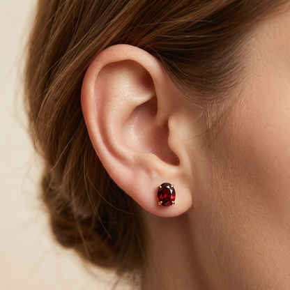 10K Yellow Gold Garnet Stud Earrings, January Birthstone 8x6mm, Fine Gold Jewelry