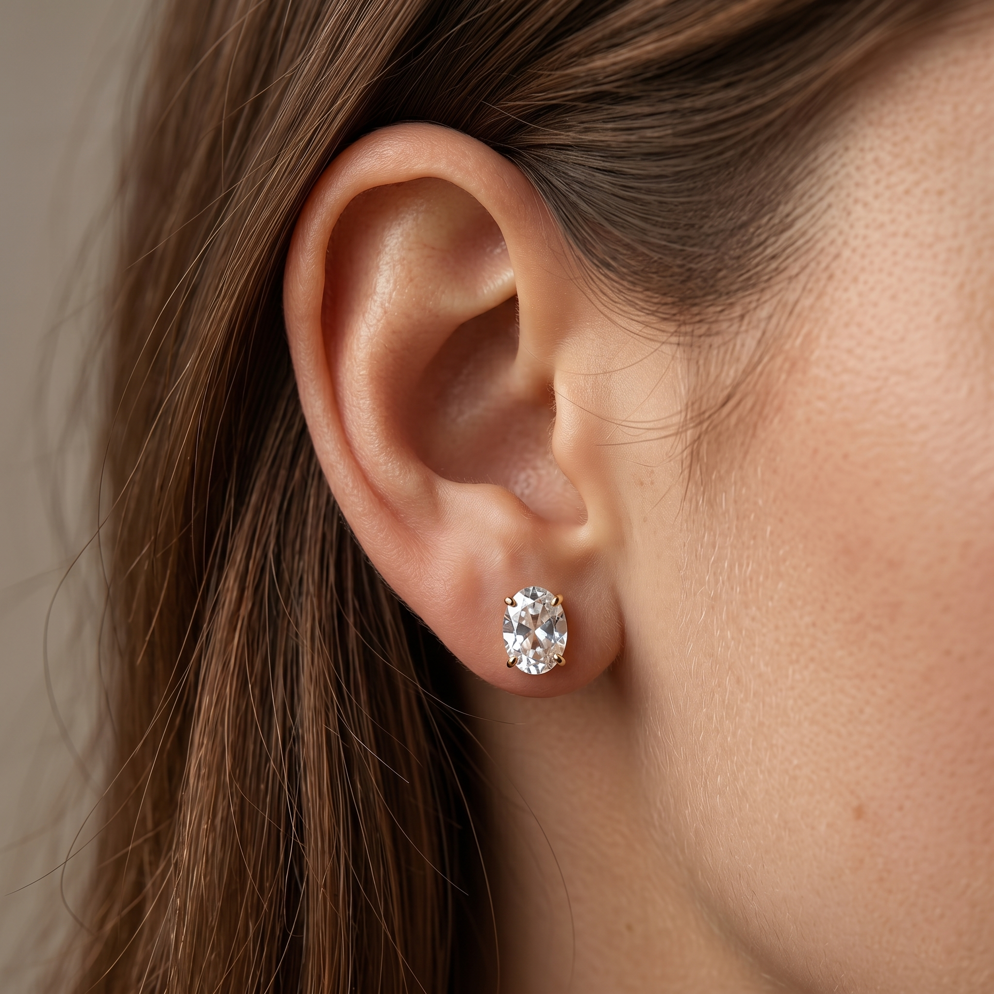 10K Yellow Gold White Topaz Stud Earrings, Genuine Gemstone 8x6mm