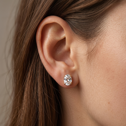 10K Yellow Gold White Topaz Stud Earrings, Genuine Gemstone 8x6mm