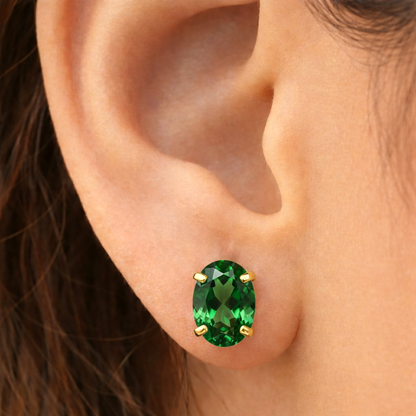 10K Yellow Gold Chrome Diopside Stud Earrings, 8x6mm Green Gemstone