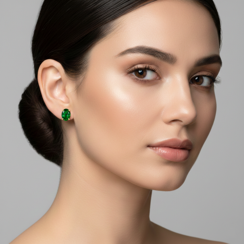 10K Yellow Gold Chrome Diopside Stud Earrings, 8x6mm Green Gemstone