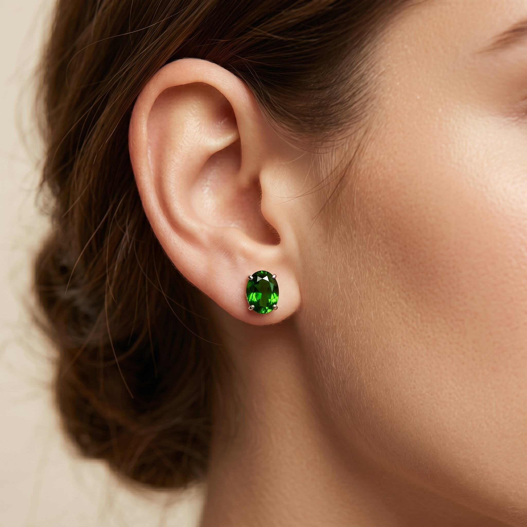 10K Yellow Gold Chrome Diopside Stud Earrings, 8x6mm Green Gemstone