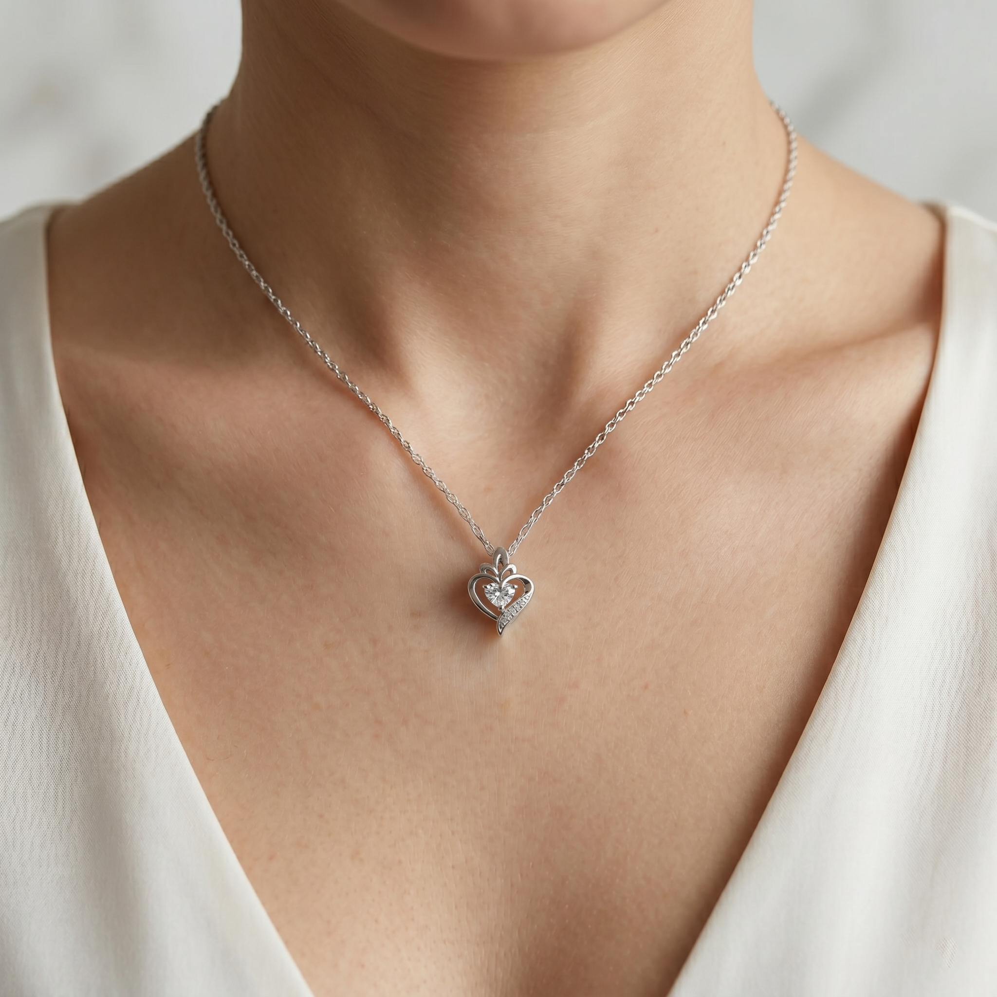 Sterling Silver Heart Pendant, Heart Necklace for Women, White Topaz Pendant, Romantic Silver Jewelry, Gift for Her, Love Necklace