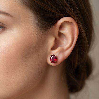 10K Yellow Gold Ruby Stud Earrings, 8x6mm Gemstone Jewelry