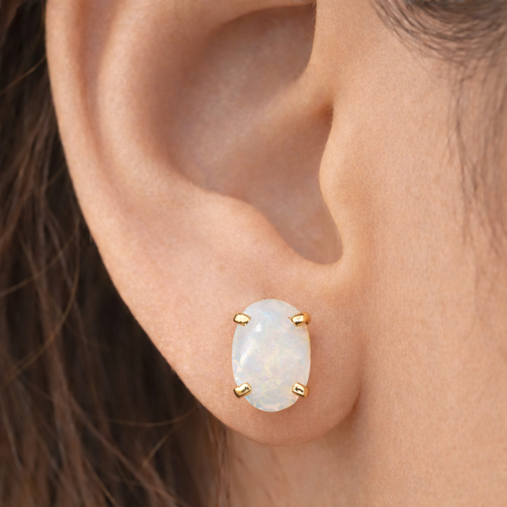 10K Yellow Gold Opal Stud Earrings, October Birthstone, 8x6mm Genuine Gemstone Earrings