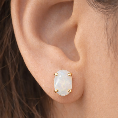 10K Yellow Gold Opal Stud Earrings, October Birthstone, 8x6mm Genuine Gemstone Earrings