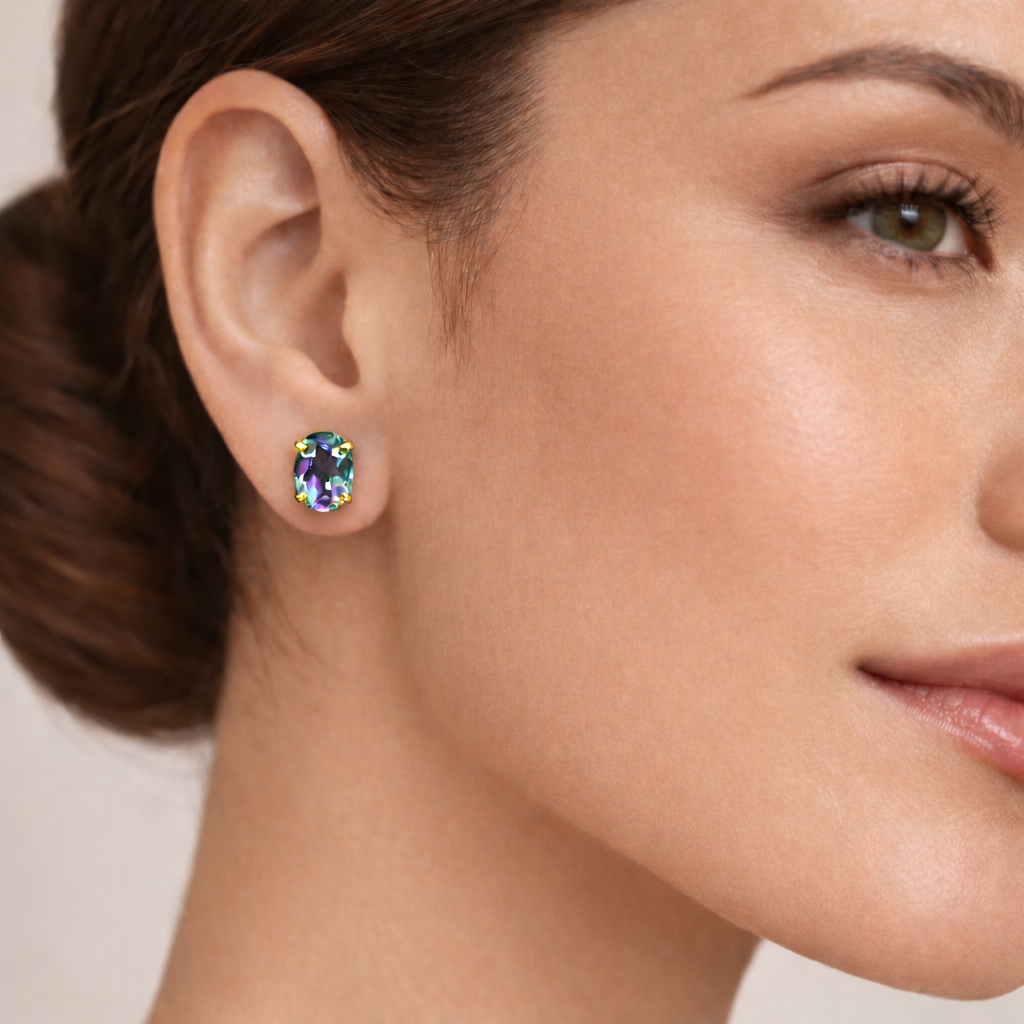 10K Yellow Gold Mystic Topaz Stud Earrings, 8x6mm Gemstone Jewelry