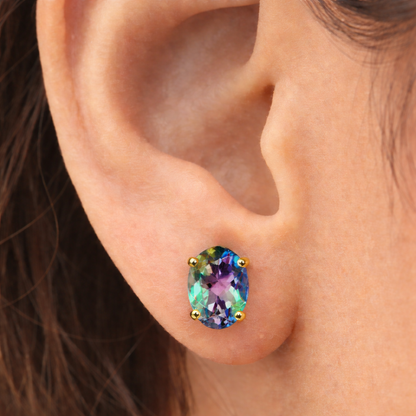 10K Yellow Gold Mystic Topaz Stud Earrings, 8x6mm Gemstone Jewelry
