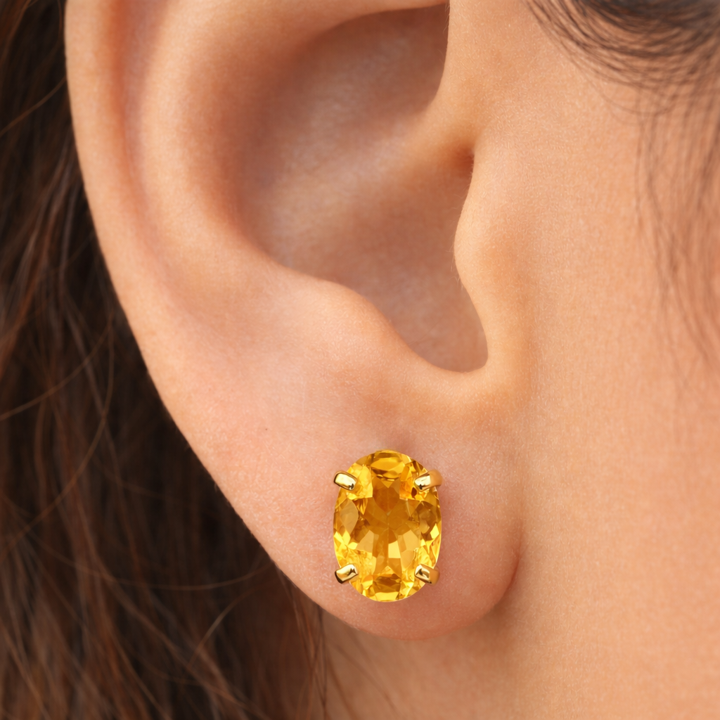 10K Yellow Gold Citrine Stud Earrings, November Birthstone, 8x6mm Genuine Gemstone Earrings