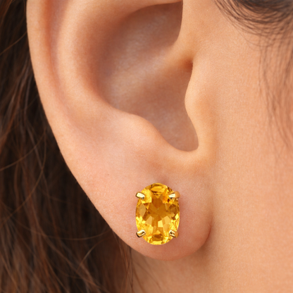 10K Yellow Gold Citrine Stud Earrings, November Birthstone, 8x6mm Genuine Gemstone Earrings