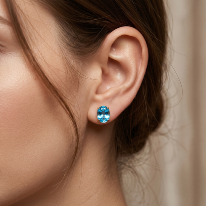 10K Yellow Gold Blue Topaz Stud Earrings, December Birthstone 8x6mm