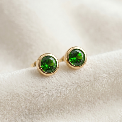 14K Yellow Gold Chrome diopside Stud Earrings, Green Gemstone Bezel Set, Minimalist Gold Earrings, Gift for Her