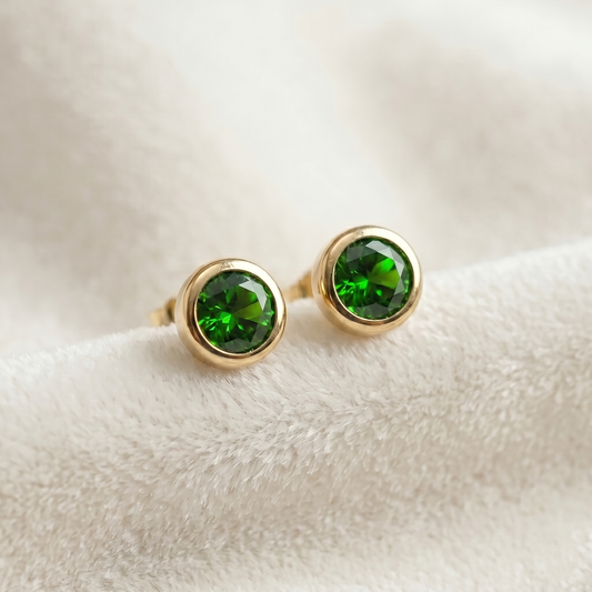 14K Yellow Gold Chrome diopside Stud Earrings, Green Gemstone Bezel Set, Minimalist Gold Earrings, Gift for Her