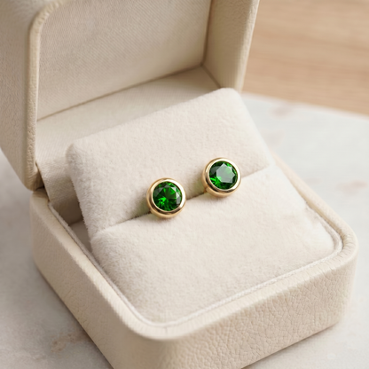 14K Yellow Gold Chrome diopside Stud Earrings, Green Gemstone Bezel Set, Minimalist Gold Earrings, Gift for Her