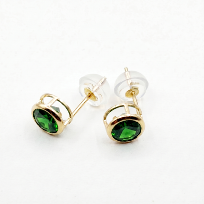 14K Yellow Gold Chrome diopside Stud Earrings, Green Gemstone Bezel Set, Minimalist Gold Earrings, Gift for Her