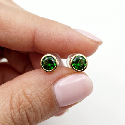 14K Yellow Gold Chrome diopside Stud Earrings, Green Gemstone Bezel Set, Minimalist Gold Earrings, Gift for Her