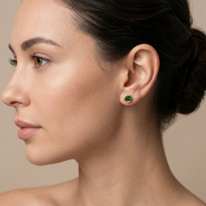 14K Yellow Gold Chrome diopside Stud Earrings, Green Gemstone Bezel Set, Minimalist Gold Earrings, Gift for Her