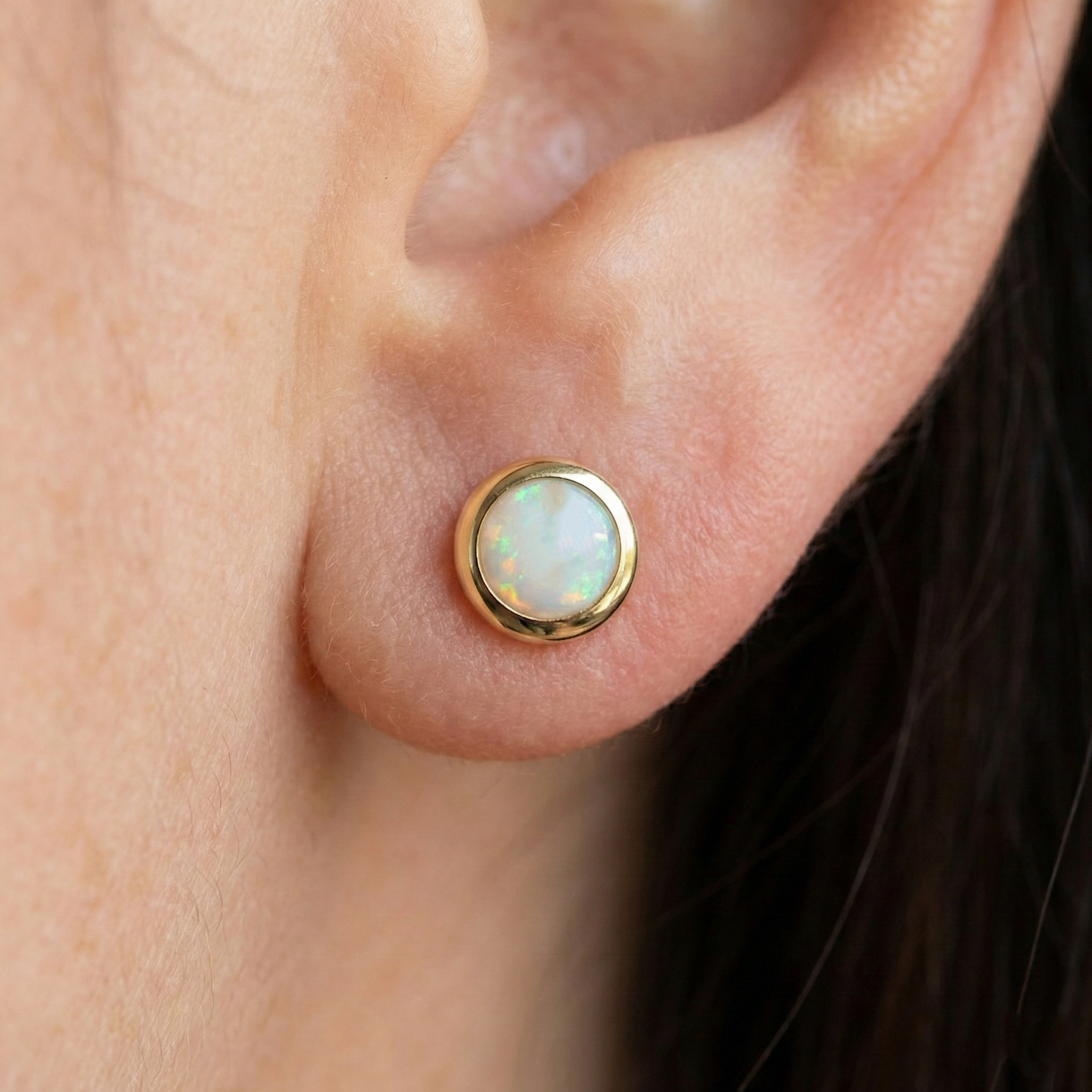 14K Gold Opal Stud Earrings, October Birthstone 5x5mm, Everyday Jewelry
