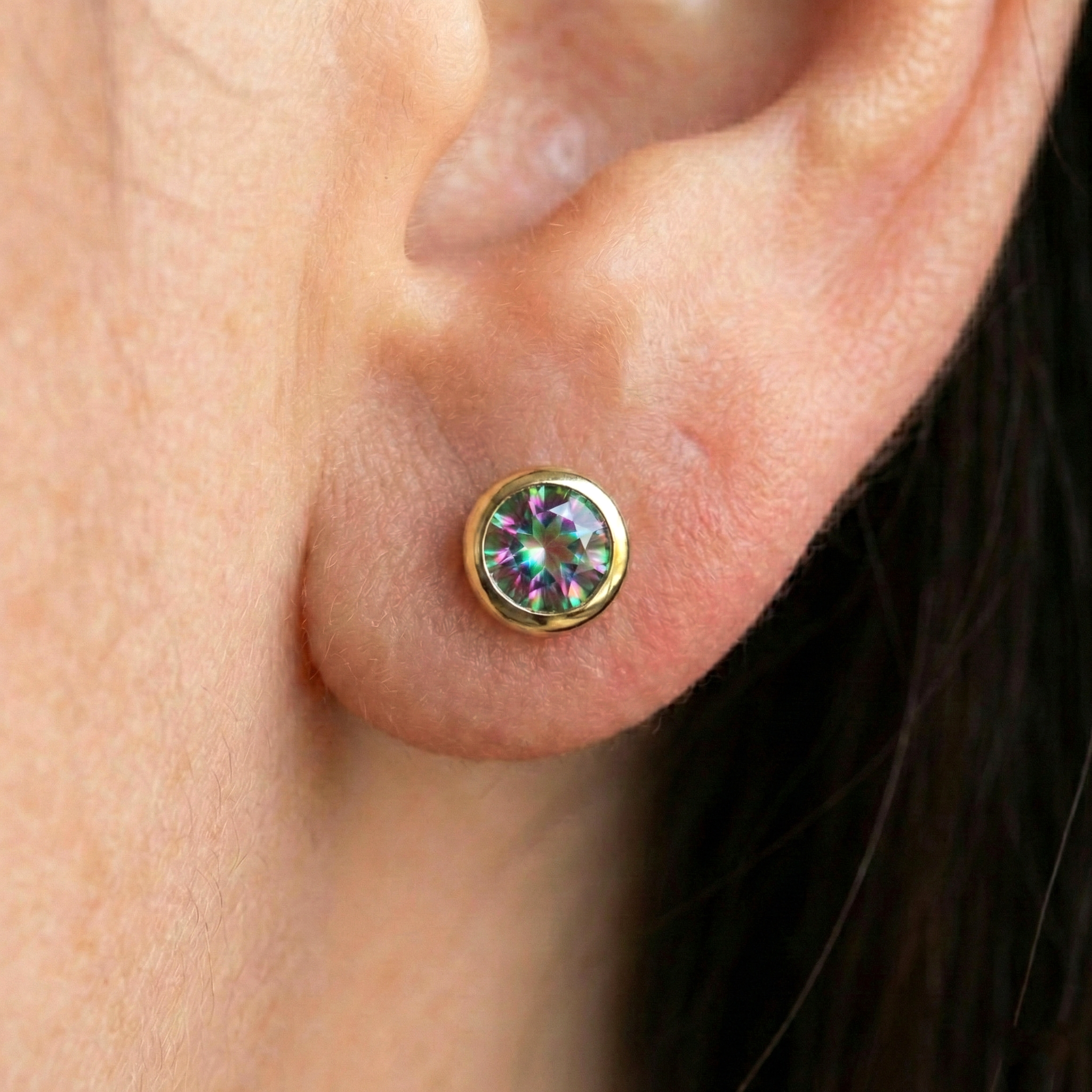 14K Yellow Gold Mystic Topaz Stud Earrings, 5x5mm Bezel Set