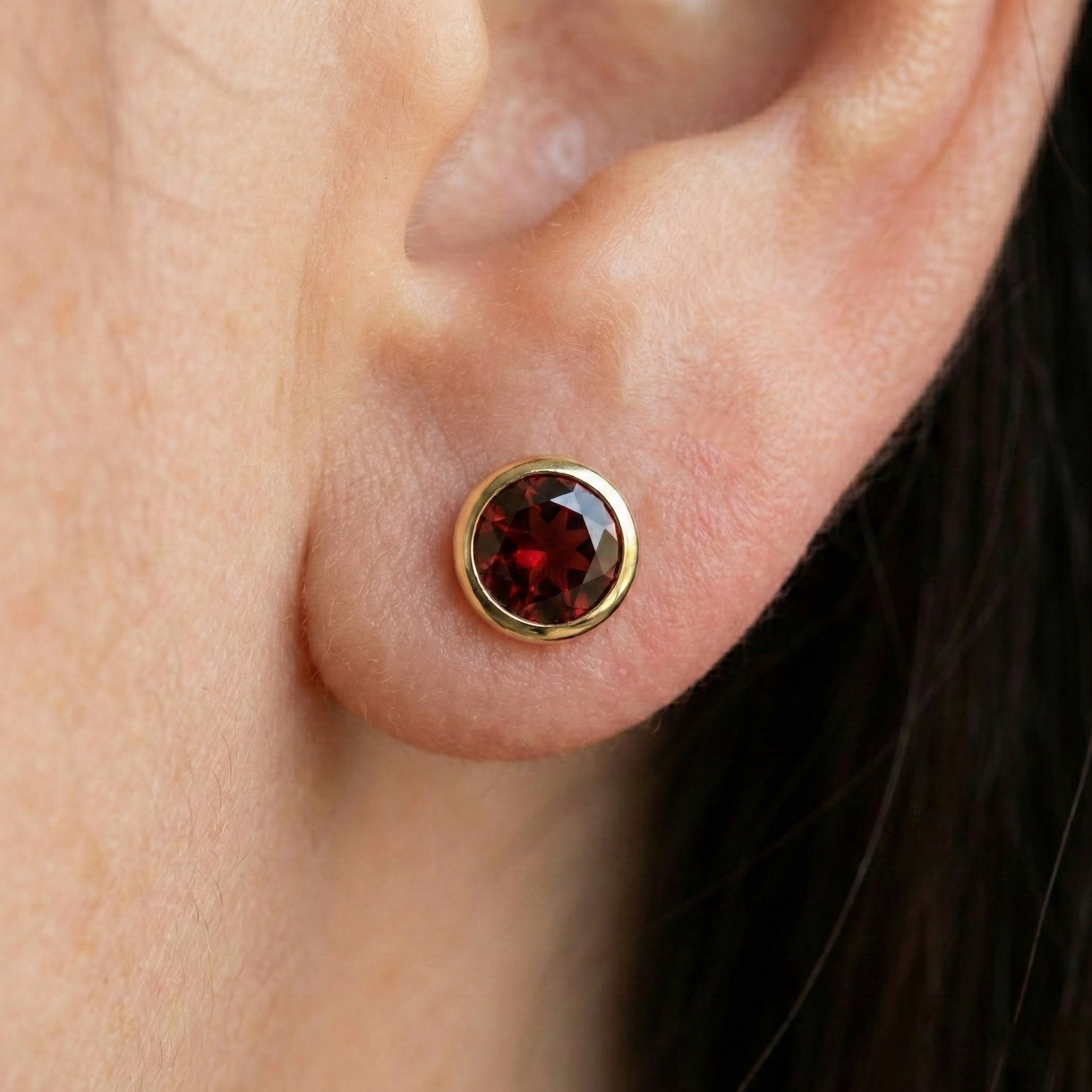 14K Yellow Gold Garnet Stud Earrings, January Birthstone, Bezel Settings Jewelry, Minimalist Jewelry