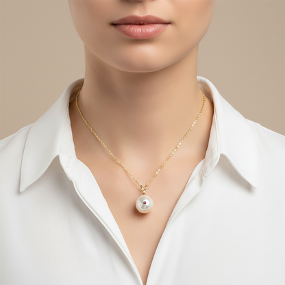 14K Gold Mabe Pearl Pendant Necklace, Ruby Diamond Accent