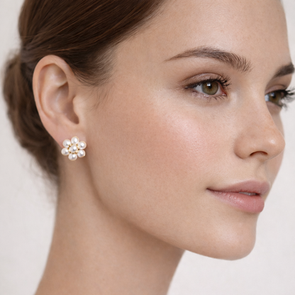 14k Gold Pearl Stud Earrings | June Birthstone Floral Design, Bridesmaid Gift