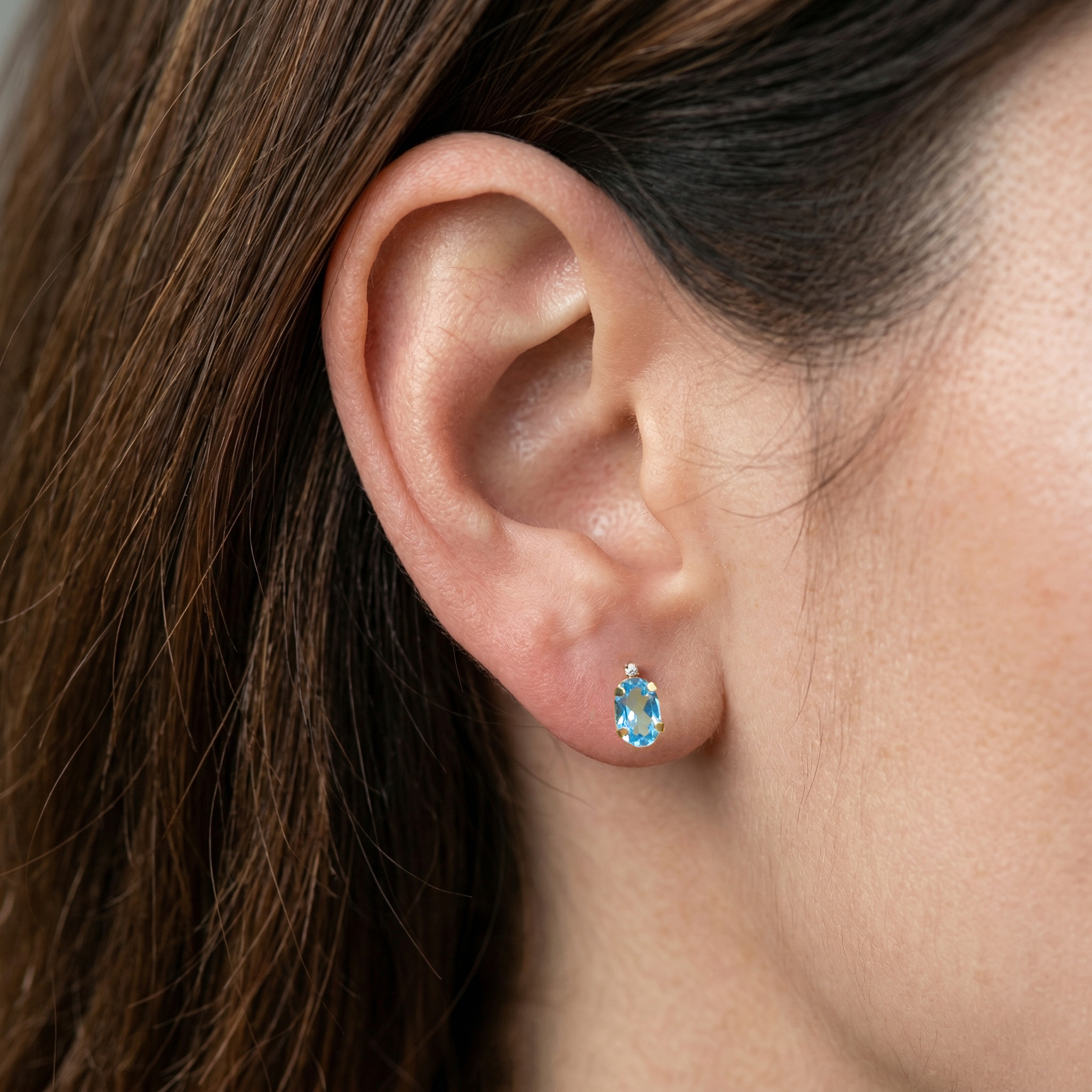 14K Gold Blue Topaz Stud Earrings | Natural Diamond Accent, December Birthstone 6x4mm