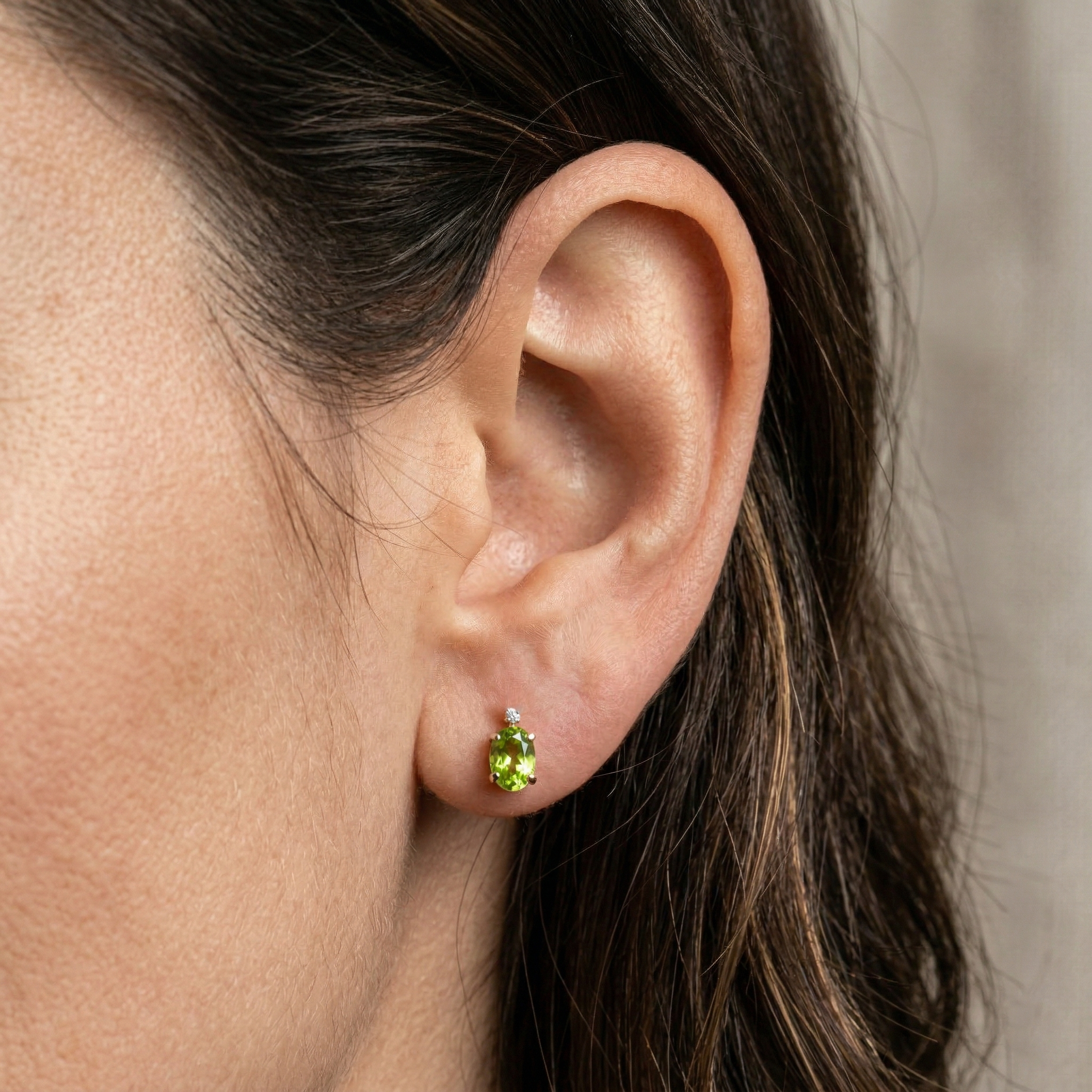 14K Gold Peridot Stud Earrings | August Birthstone 6x4mm, Natural Diamond