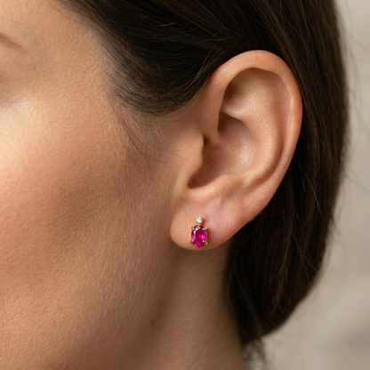 14K Gold Ruby Stud Earrings with Natural Diamond | July Birthstone 6x4mm