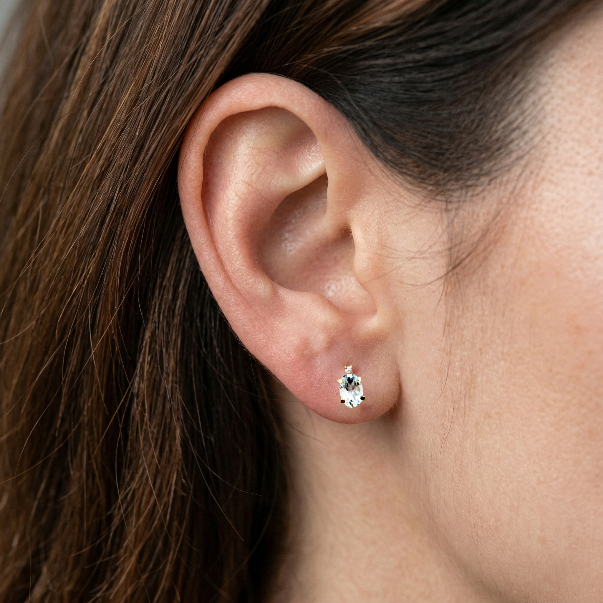 14K Gold Aquamarine Stud Earrings | Diamond Accent, March Birthstone 6x4mm