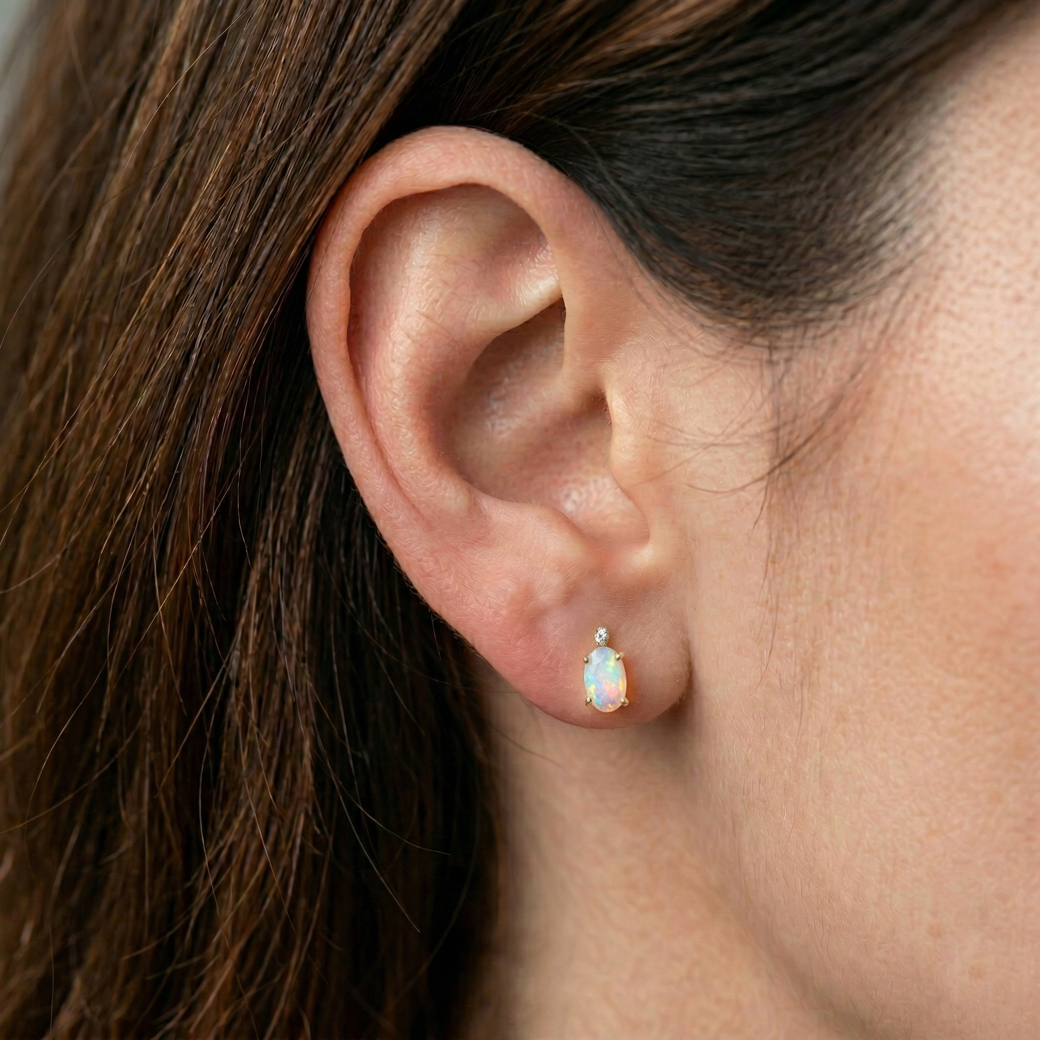 14K Gold Ethiopian Opal Diamond Stud Earrings | October Birthstone 6x4mm Genuine Opal