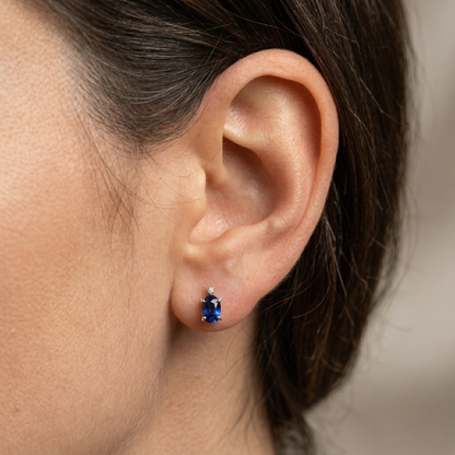 10K Gold Blue Sapphire Stud Earrings | September Birthstone 6x4mm Genuine Stone Jewelry