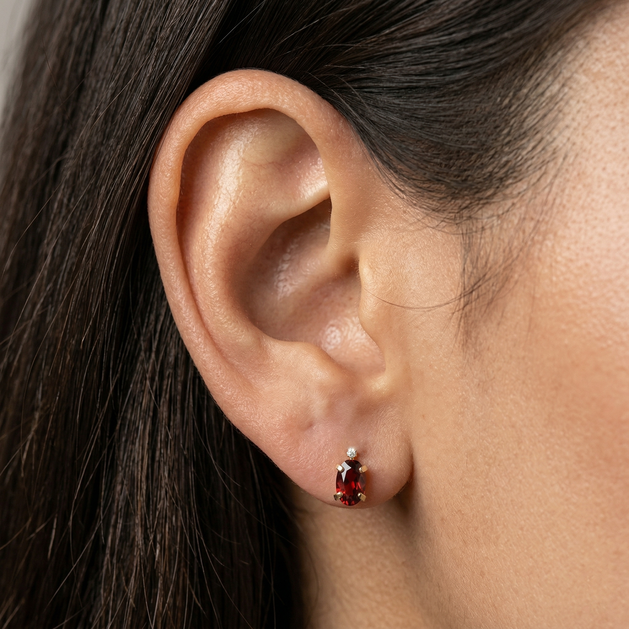 14K Gold Garnet Stud Earrings with Diamond | January Birthstone 6x4mm