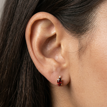 14K Gold Garnet Stud Earrings with Diamond | January Birthstone 6x4mm