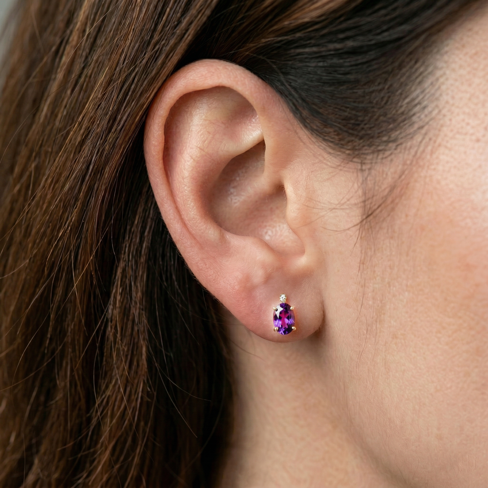 14K Gold Amethyst Stud Earrings | February Birthstone 6x4mm