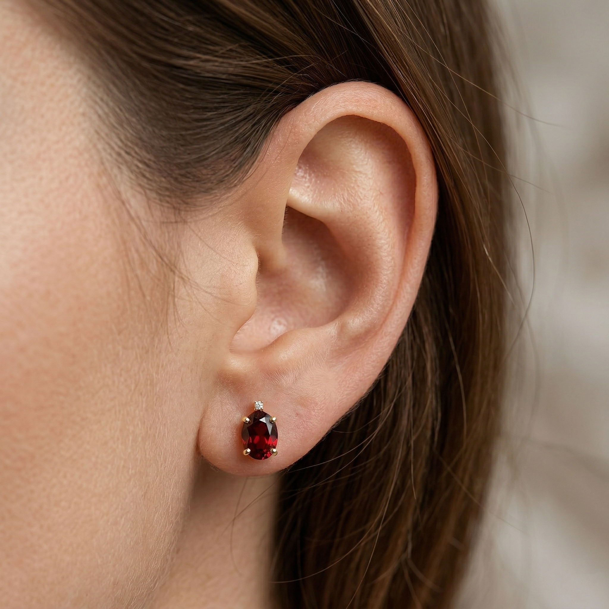 Gold Garnet Stud Earrings, Diamond Accent, January Birthstone 8x6mm