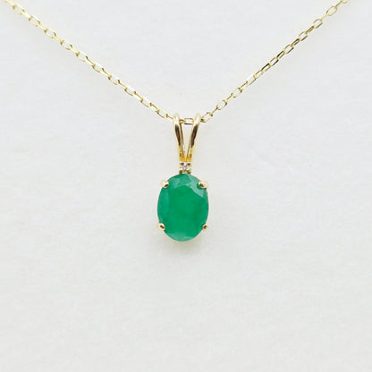 Gold Emerald Pendant Necklace, 10K Yellow Gold Natural Emerald 8x6mm With Diamond Pendant, May Birthstone Necklace For Women
