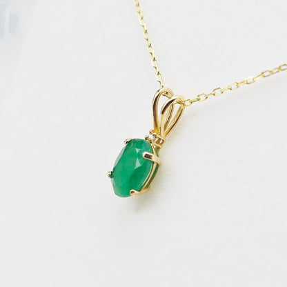 Gold Emerald Pendant Necklace, 10K Yellow Gold Natural Emerald 8x6mm With Diamond Pendant, May Birthstone Necklace For Women