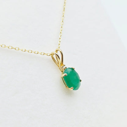 Gold Emerald Pendant Necklace, 10K Yellow Gold Natural Emerald 8x6mm With Diamond Pendant, May Birthstone Necklace For Women