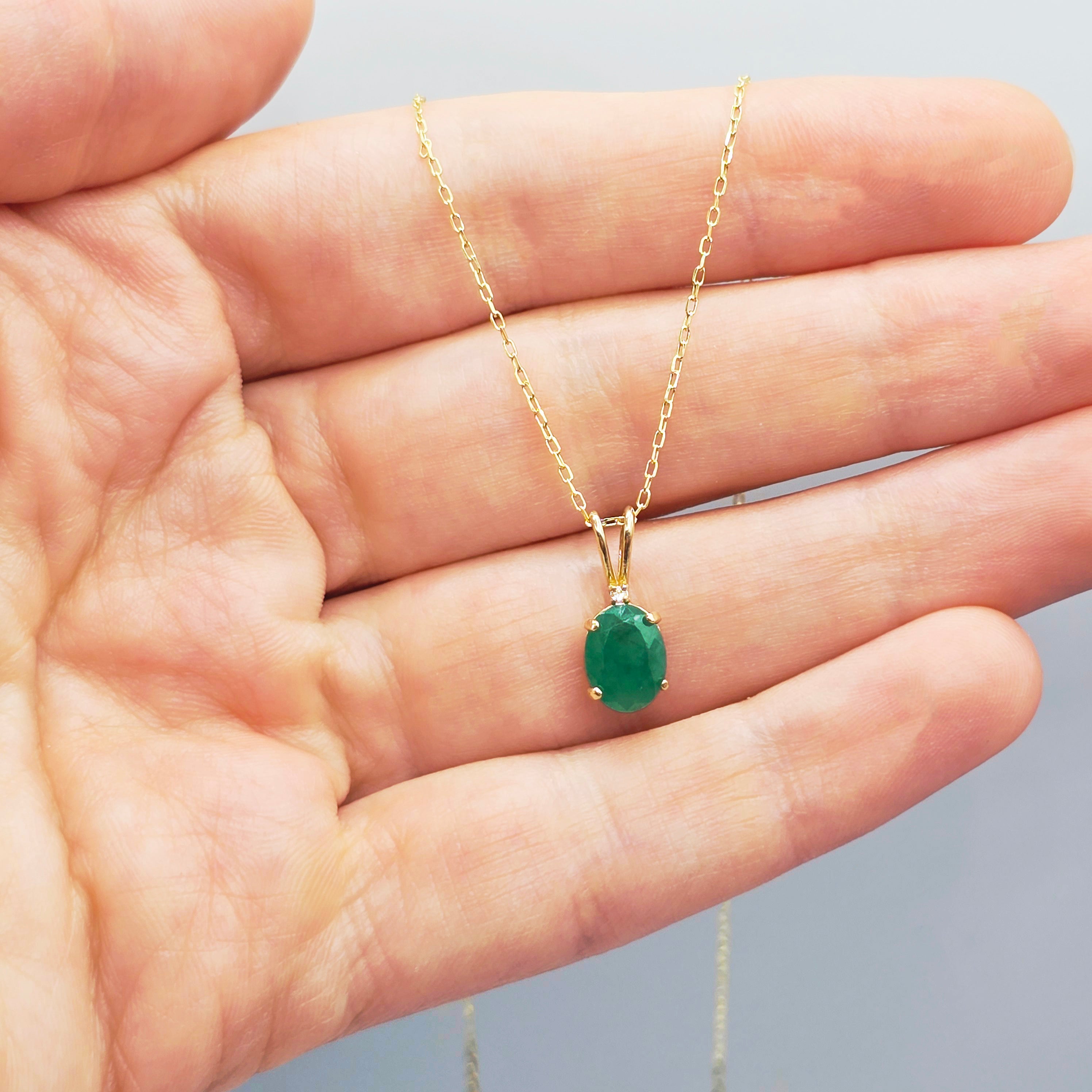 Gold Emerald Pendant Necklace, 10K Yellow Gold Natural Emerald 8x6mm With Diamond Pendant, May Birthstone Necklace For Women
