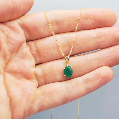 Gold Emerald Pendant Necklace, 10K Yellow Gold Natural Emerald 8x6mm With Diamond Pendant, May Birthstone Necklace For Women