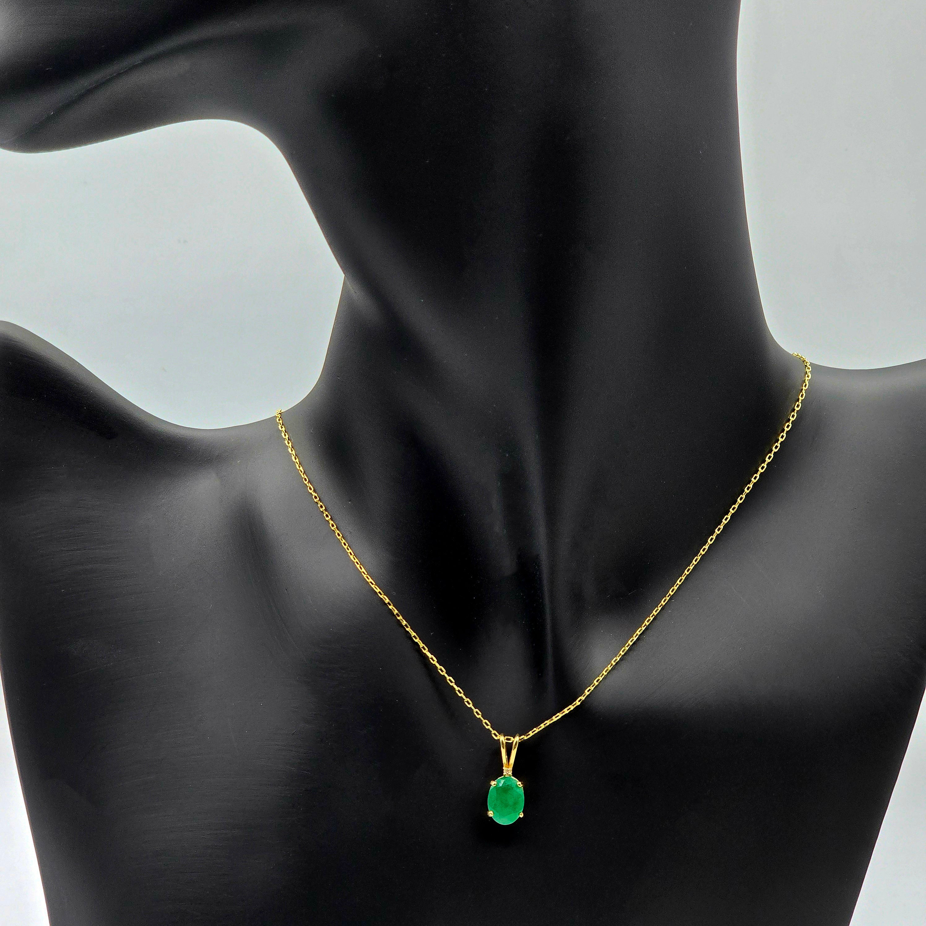 Gold Emerald Pendant Necklace, 10K Yellow Gold Natural Emerald 8x6mm With Diamond Pendant, May Birthstone Necklace For Women