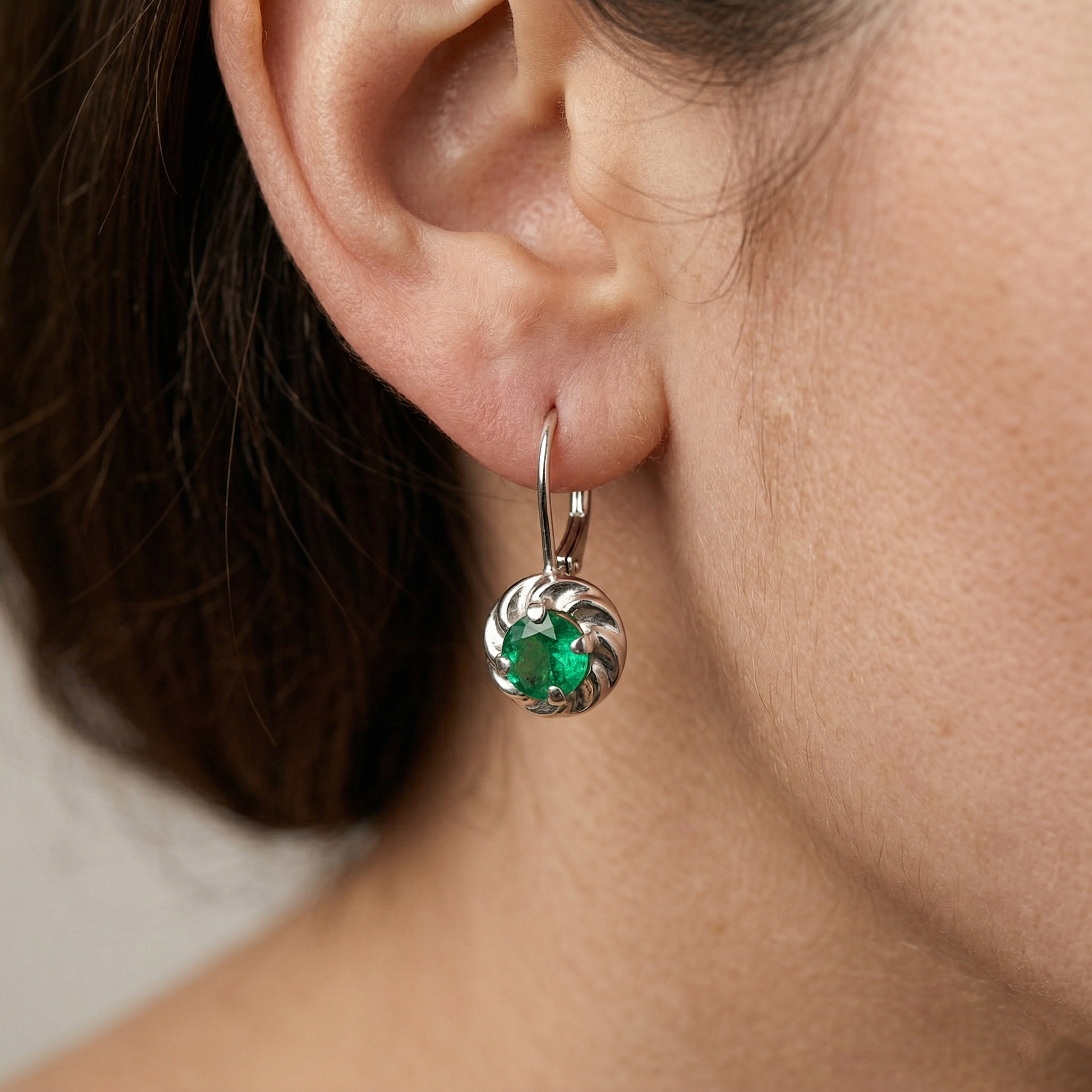 14K White Gold Genuine Emerald Leverback Earrings, May Birthstone