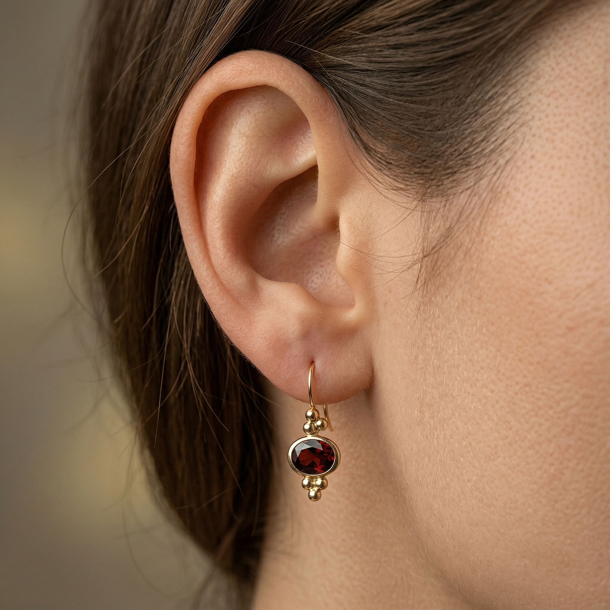10K Yellow Gold Garnet Drop Earrings, January Birthstone